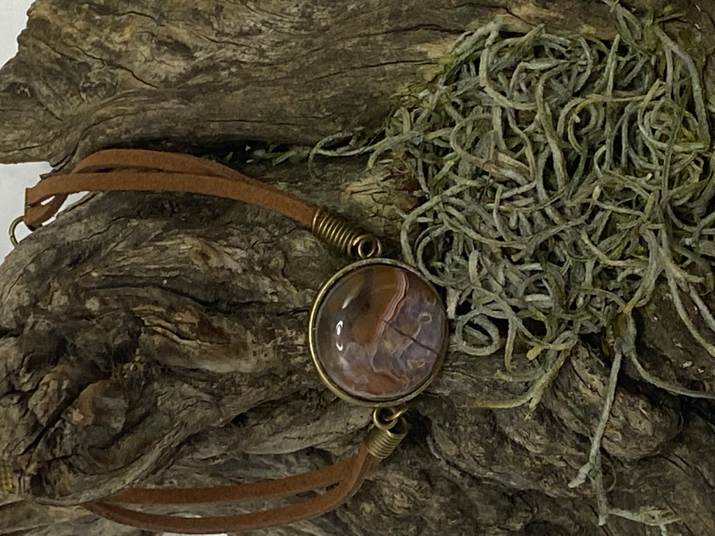 Agate Leather Gemstone Bracelet featuring banded natural, presented as a handcrafted gemstone bracelet from the Mystical Gemstones collection at La Esquinas.