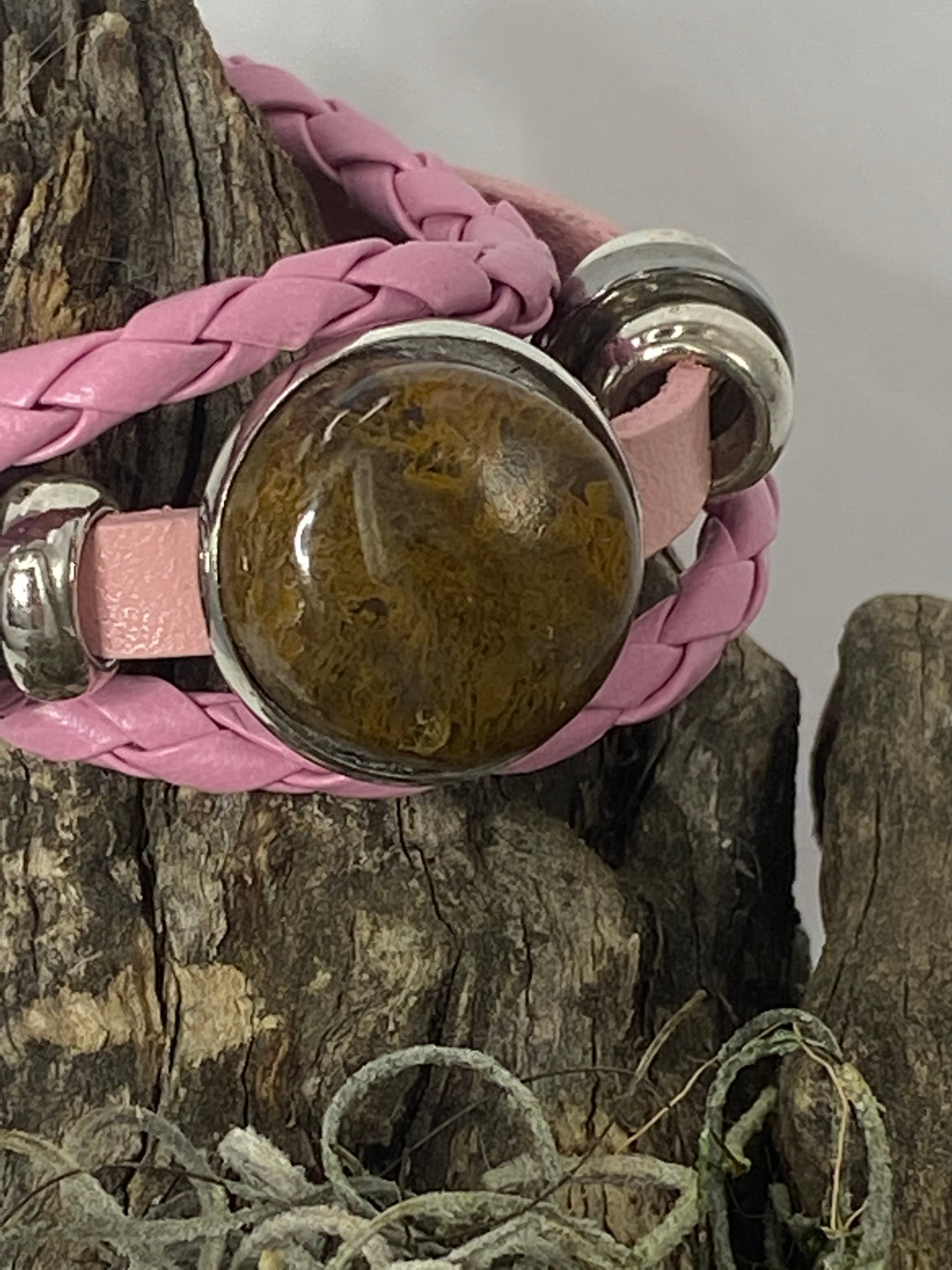 Natural Agate Leather Pink Bracelet gemstone jewelry featuring polished stone with distinctive color, pattern, and handcrafted craftsmanship