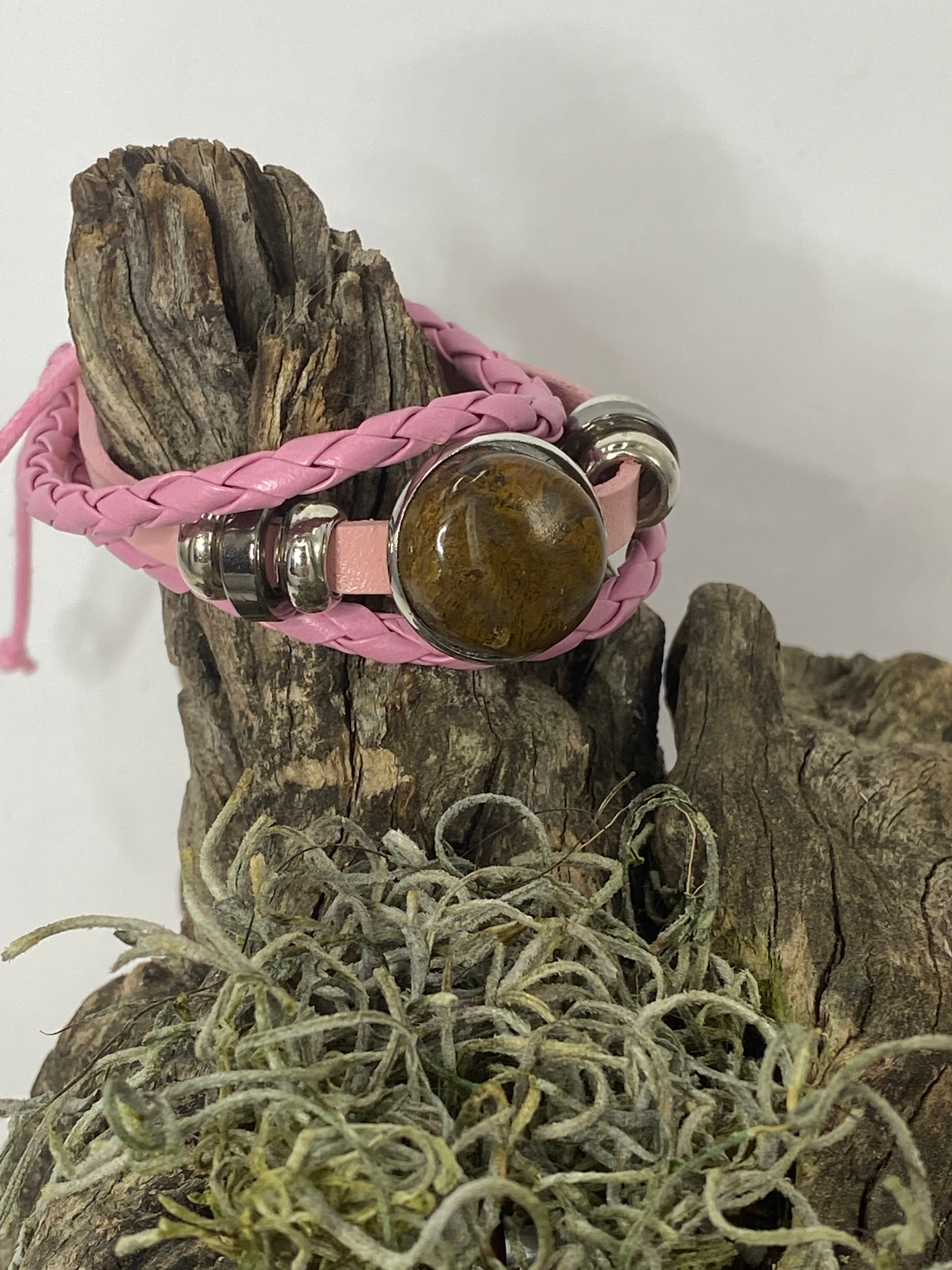 Natural Agate Leather Pink Bracelet gemstone jewelry featuring polished stone with distinctive color, pattern, and handcrafted craftsmanship