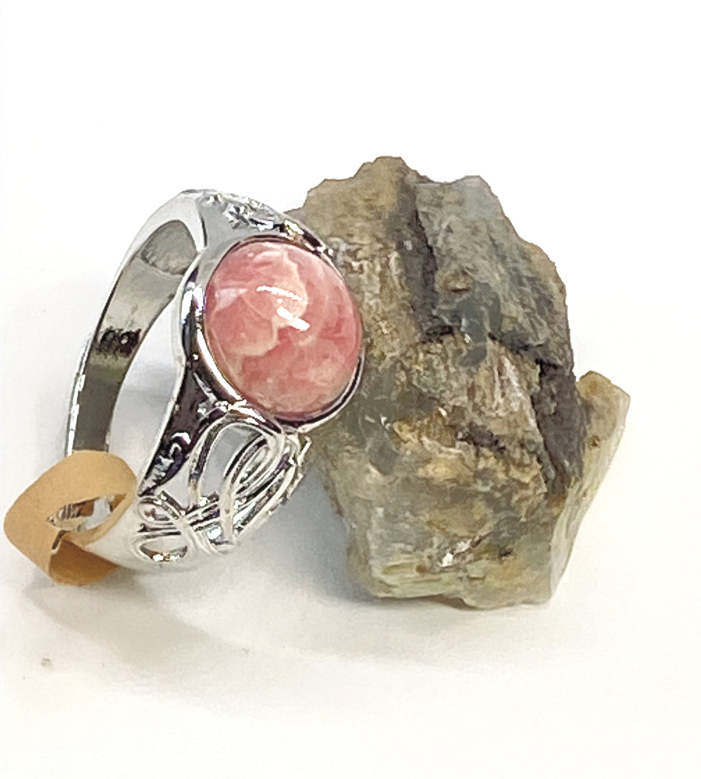 Natural Pink Rhodochrosite Ring gemstone ring, handcrafted jewelry featuring polished stone set in a decorative silver band