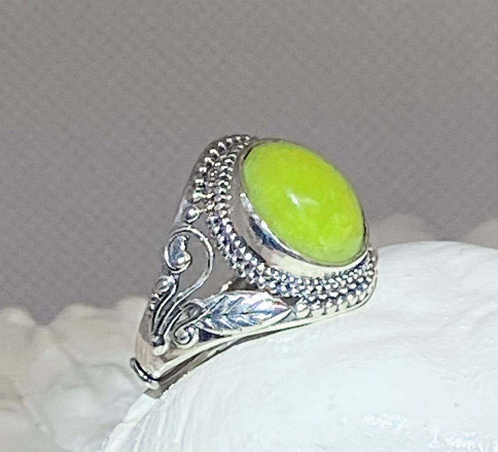 Natural Green Opal Ring in sterling silver gemstone ring, handcrafted jewelry featuring polished stone set in a decorative silver band