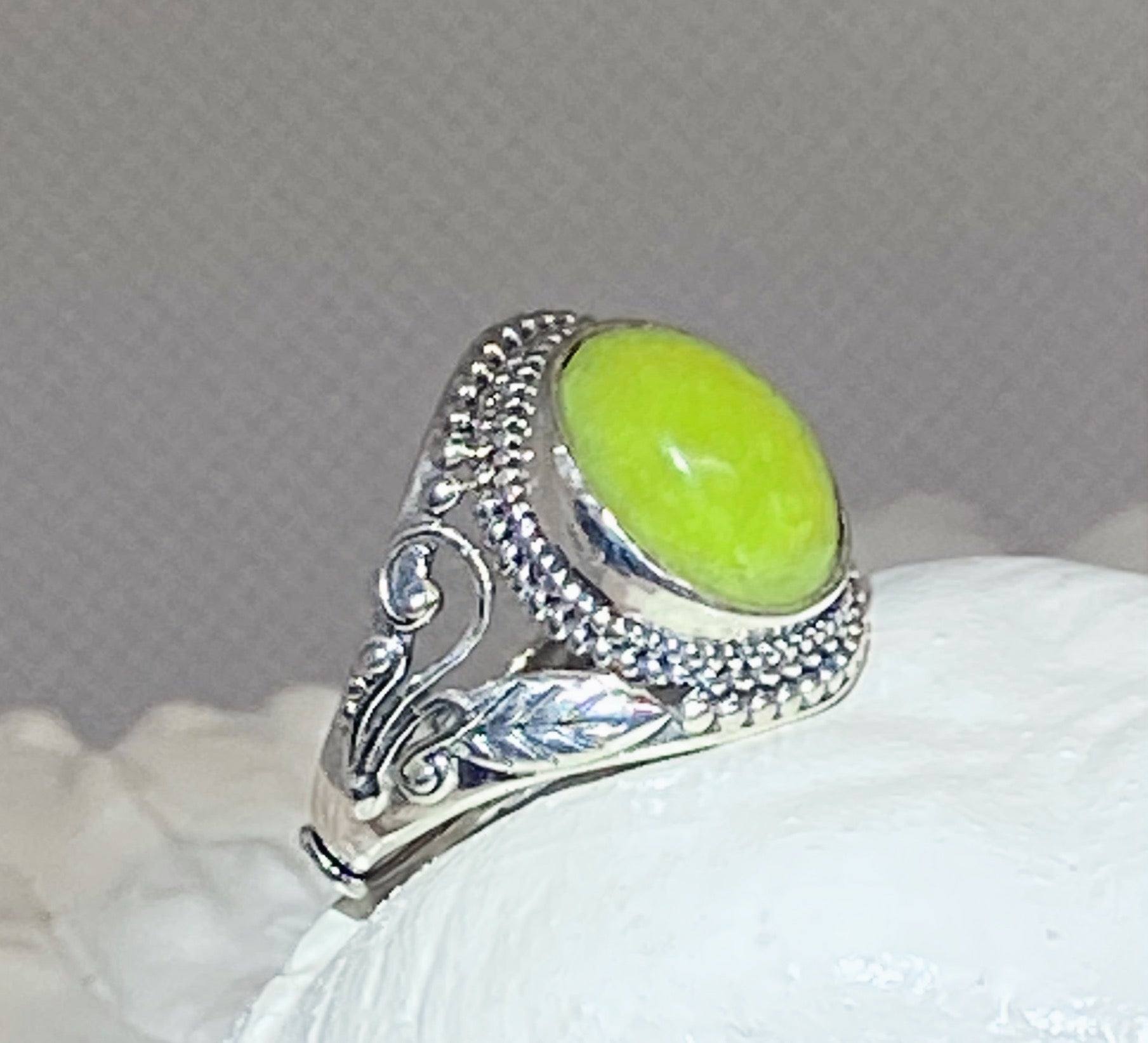 Natural Green Opal Ring in sterling silver gemstone ring, handcrafted jewelry featuring polished stone set in a decorative silver band