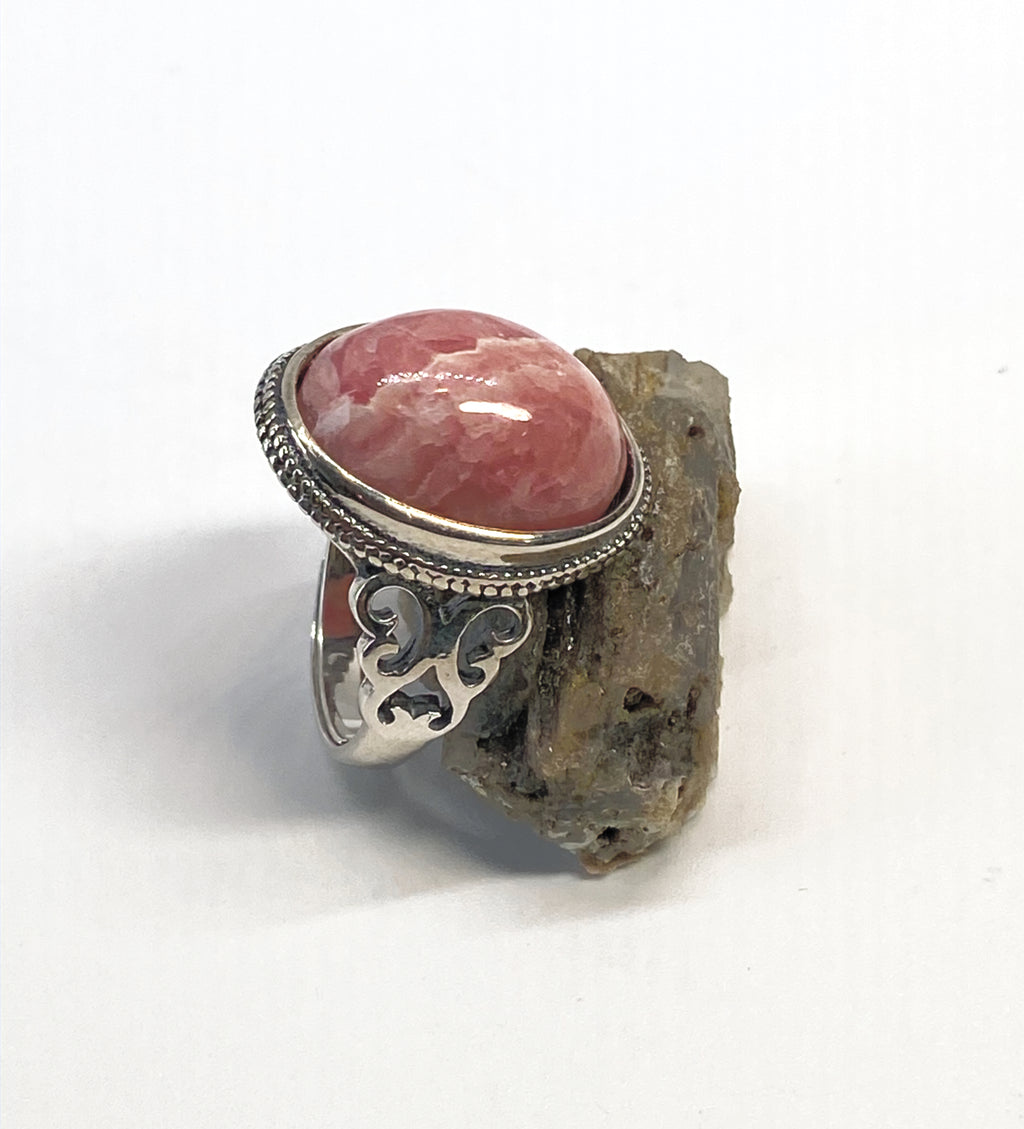 Natural Pink Rhodochrosite 925 Silver Ring gemstone ring, handcrafted jewelry featuring polished stone set in a decorative silver band