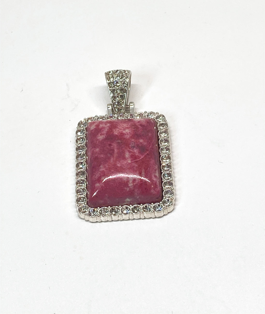 Natural Thulite Pendant with Crystal Border on Silver-Plated Setting gemstone pendant, handcrafted jewelry featuring polished stone with unique color and mineral patterns
