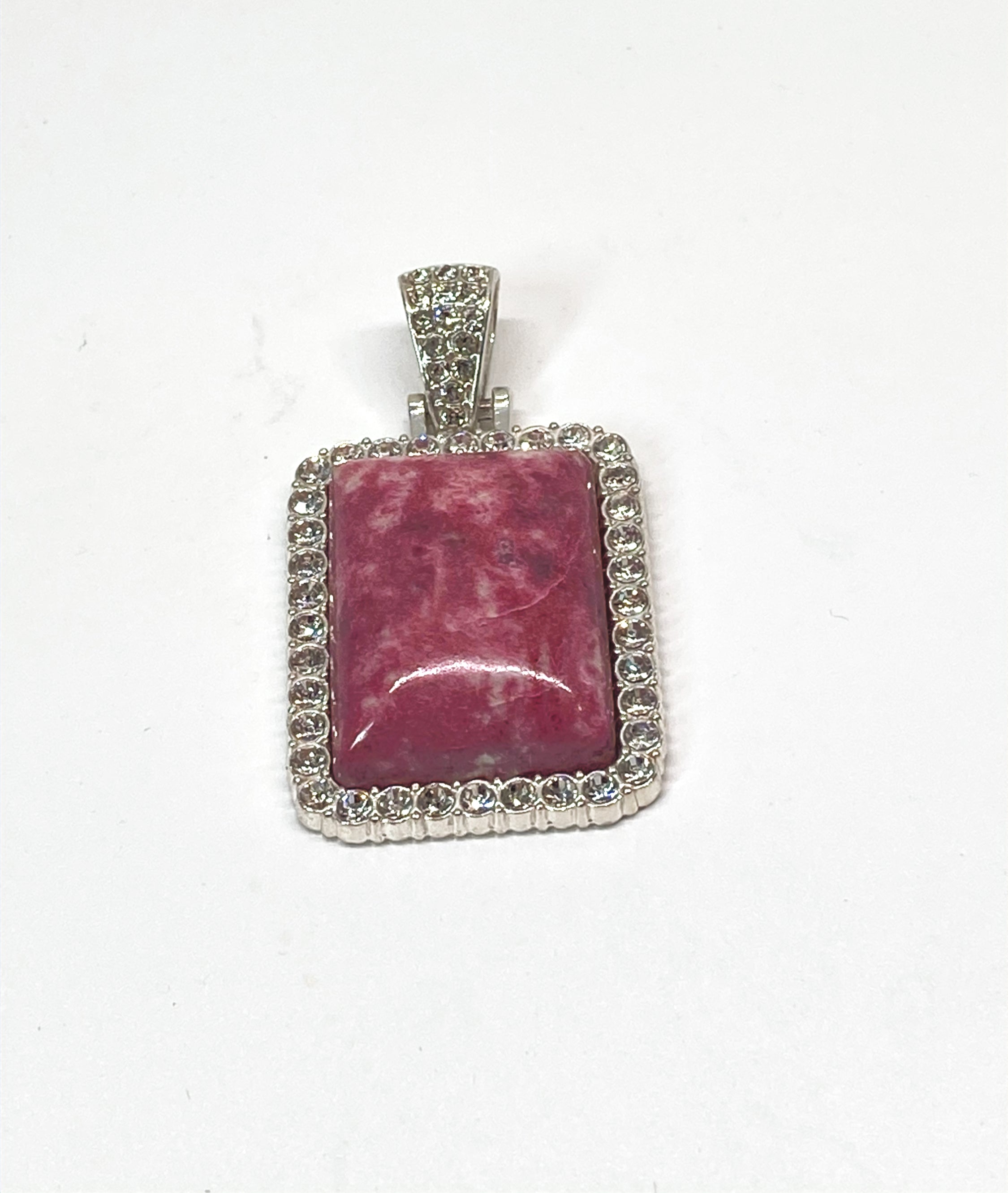 Natural Thulite Pendant with Crystal Border on Silver-Plated Setting gemstone pendant, handcrafted jewelry featuring polished stone with unique color and mineral patterns