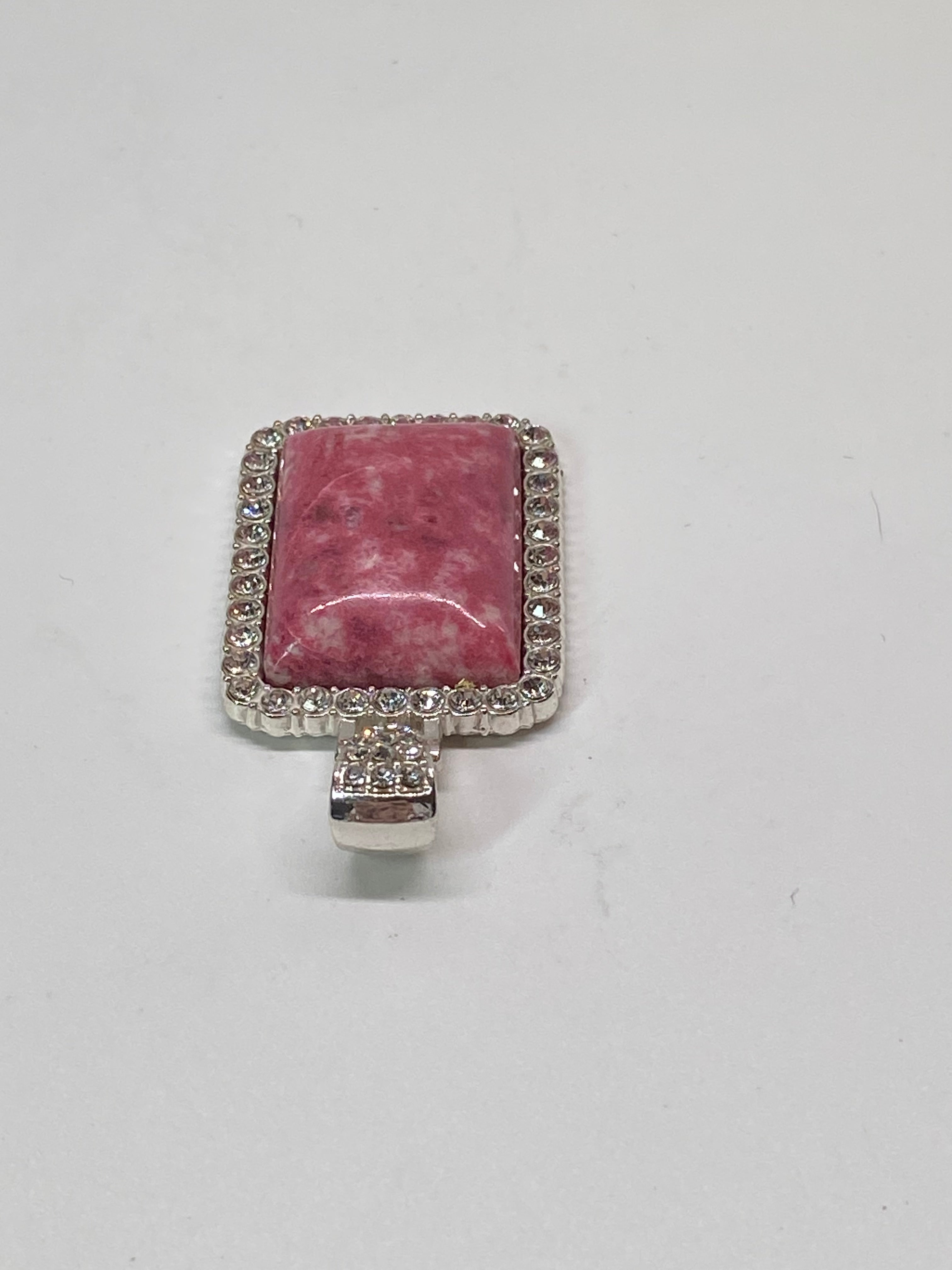 Natural Thulite Pendant with Crystal Border on Silver-Plated Setting gemstone pendant, handcrafted jewelry featuring polished stone with unique color and mineral patterns