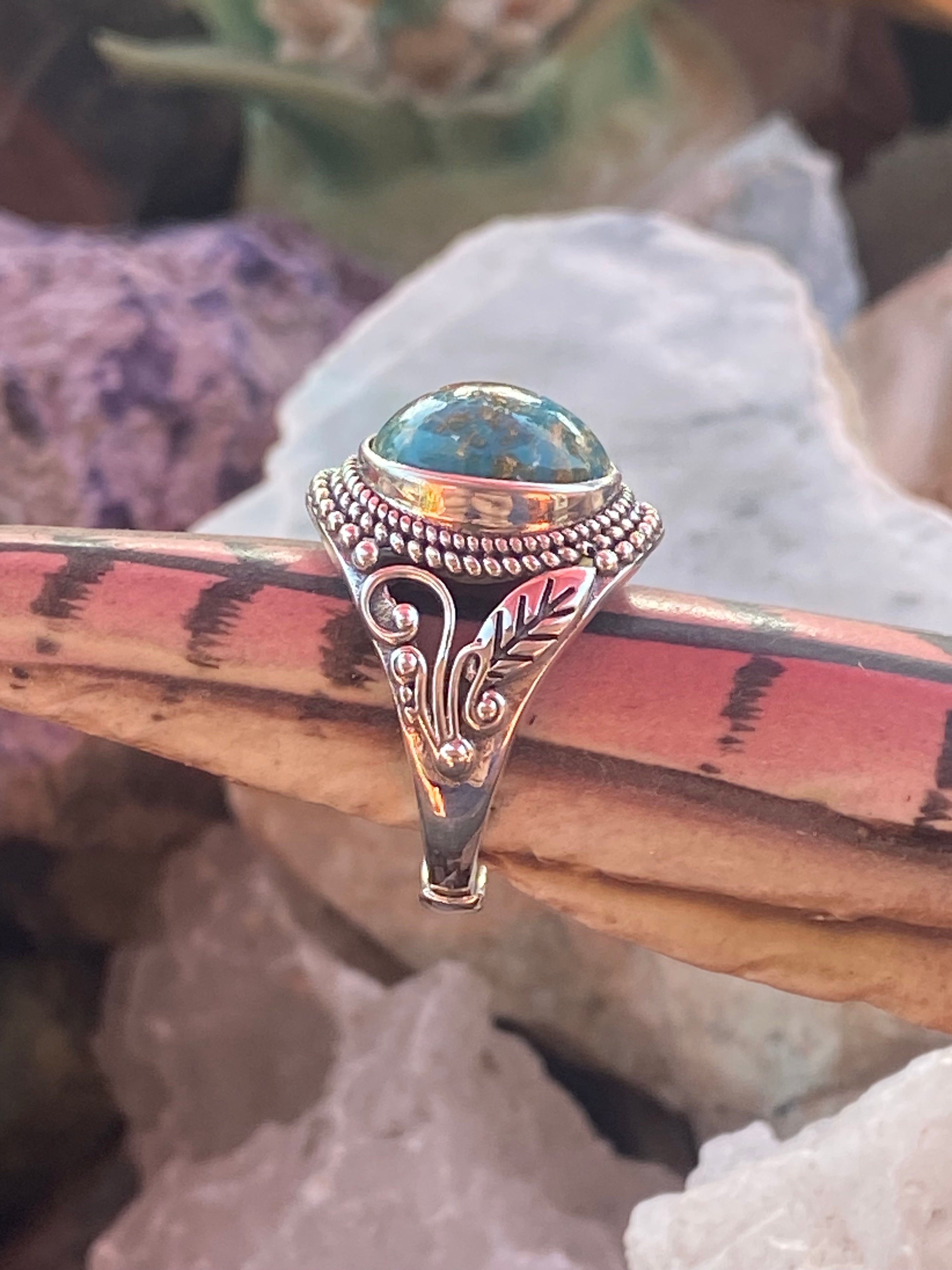 Natural Royston Turquoise Ring with Dragon Motif in Sterling Silver gemstone ring, handcrafted jewelry featuring polished stone set in a decorative silver band