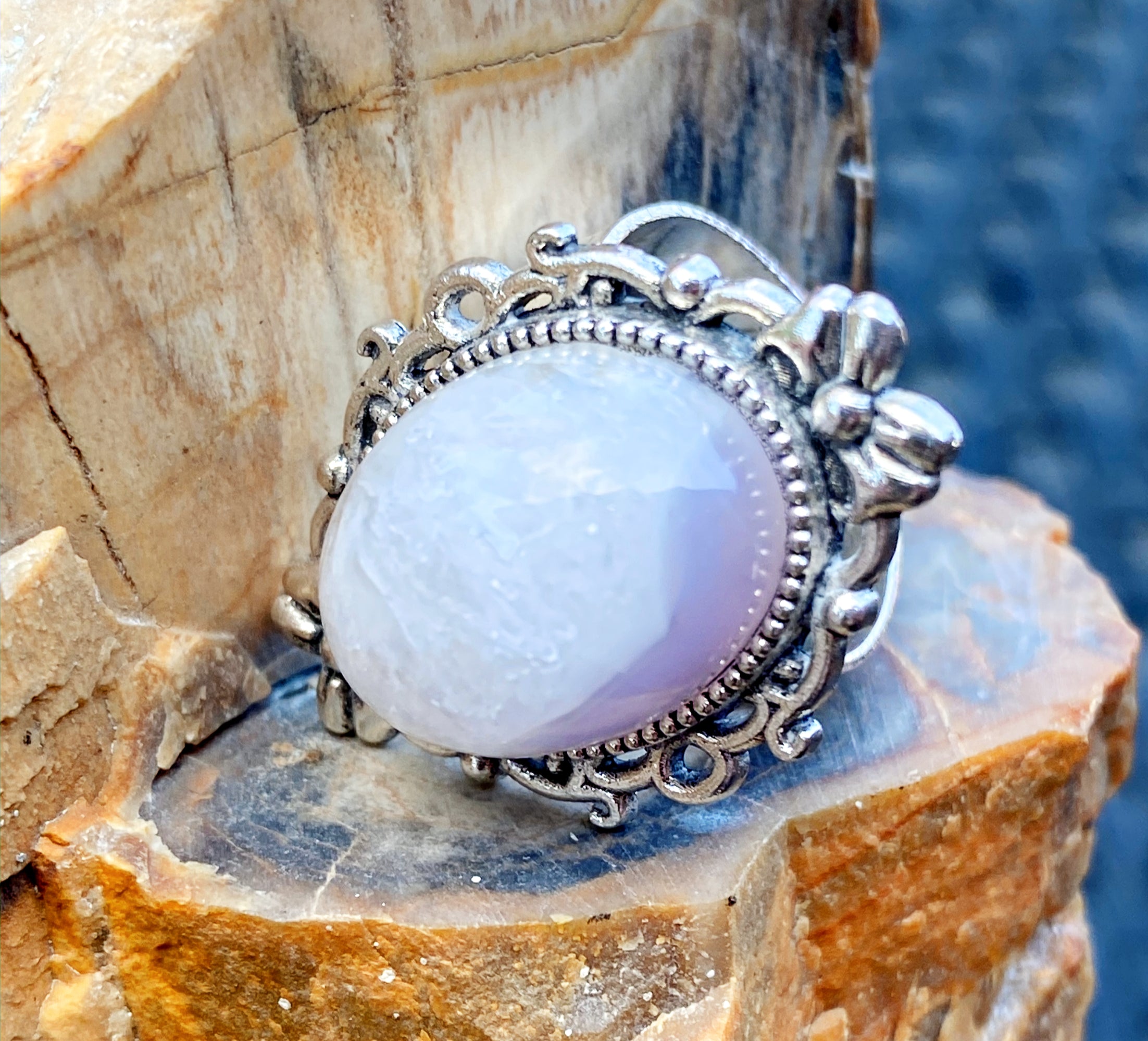 Natural Elegant Amethyst Quartz Ring on Silver Plated Band gemstone ring, handcrafted jewelry featuring polished stone set in a decorative silver band