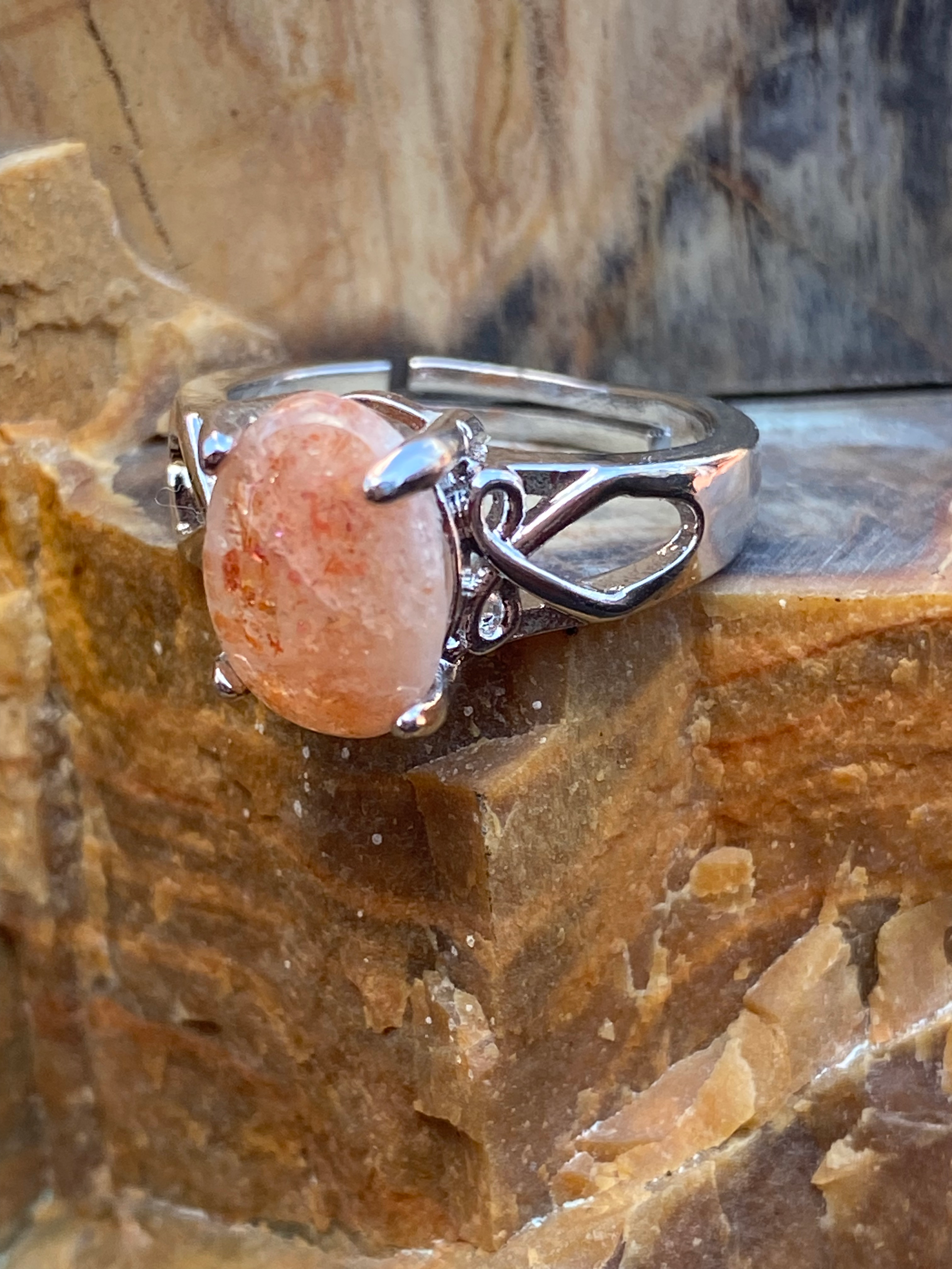 Natural Oregon Sunstone Ring silver plated band gemstone ring, handcrafted jewelry featuring polished stone set in a decorative silver band