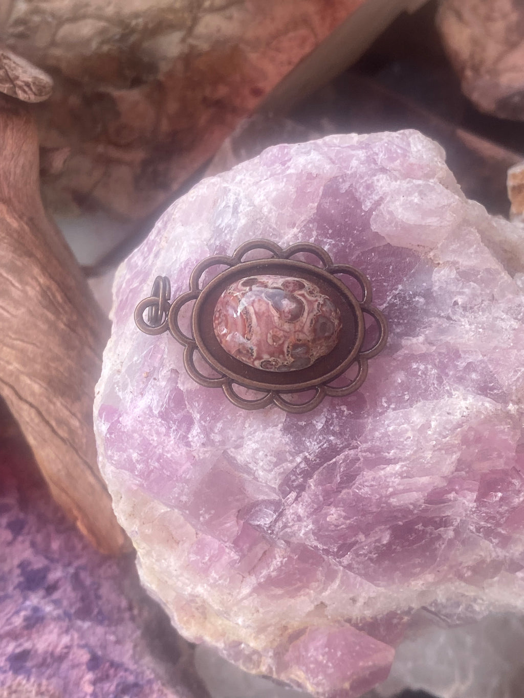 Natural Leopard Skin Jasper Pendant in Ornate Brass Frame gemstone pendant, handcrafted jewelry featuring polished stone with unique color and mineral patterns