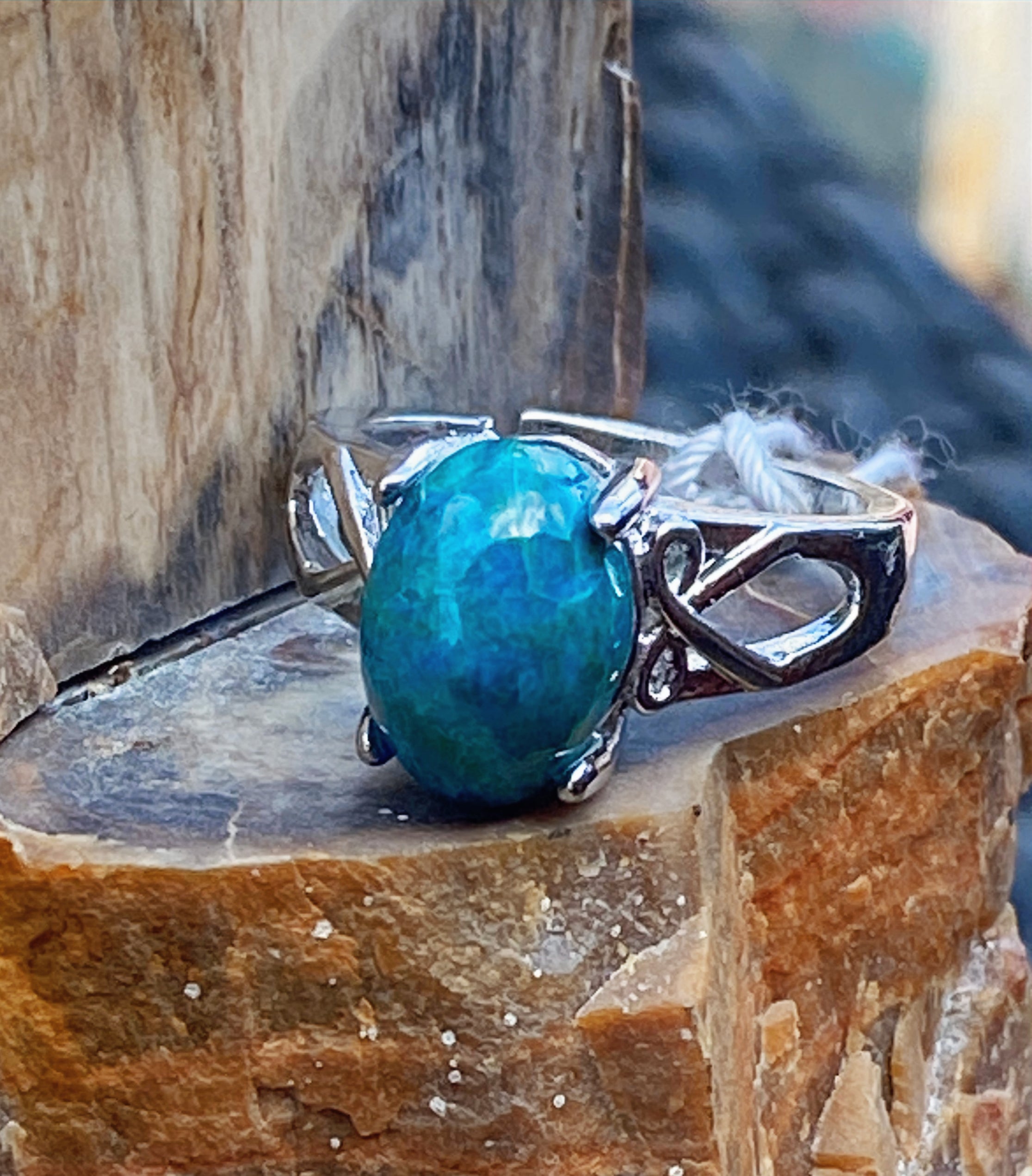 Natural Chrysocolla on Silver-Plated Ring gemstone ring, handcrafted jewelry featuring polished stone set in a decorative silver band