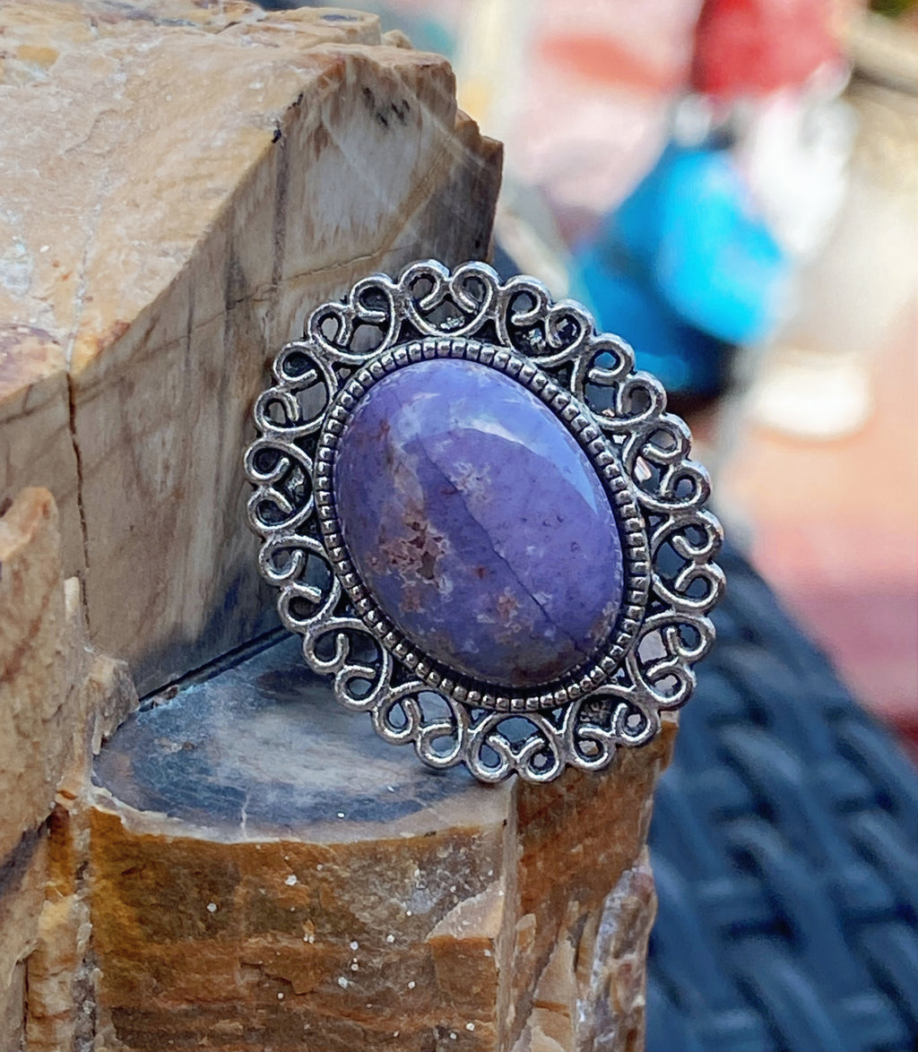 Natural Purple Aventurine Ring gemstone ring, handcrafted jewelry featuring polished stone set in a decorative silver band