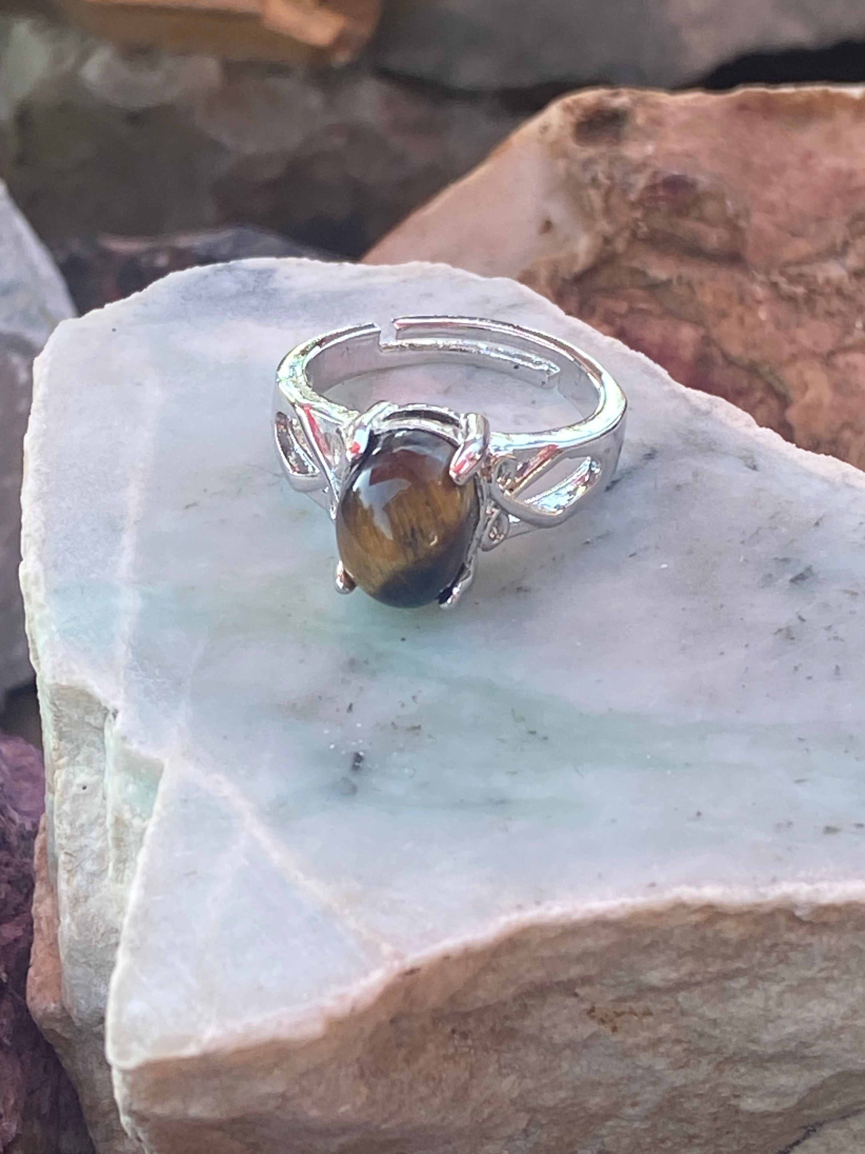 Natural Tiger Eye Ring on Silver Plated Band gemstone ring, handcrafted jewelry featuring polished stone set in a decorative silver band