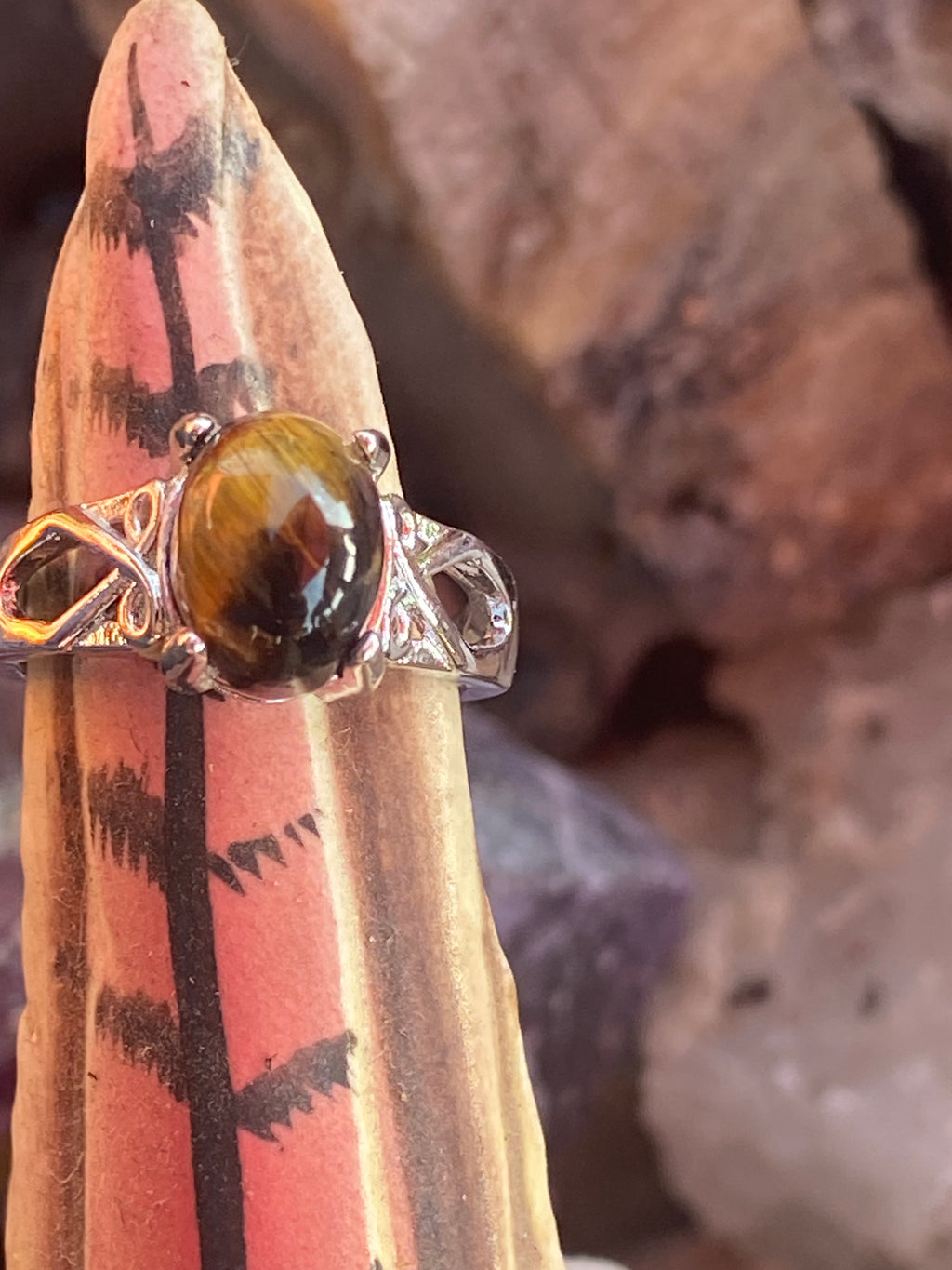 Natural Tiger Eye Ring on Silver Plated Band gemstone ring, handcrafted jewelry featuring polished stone set in a decorative silver band