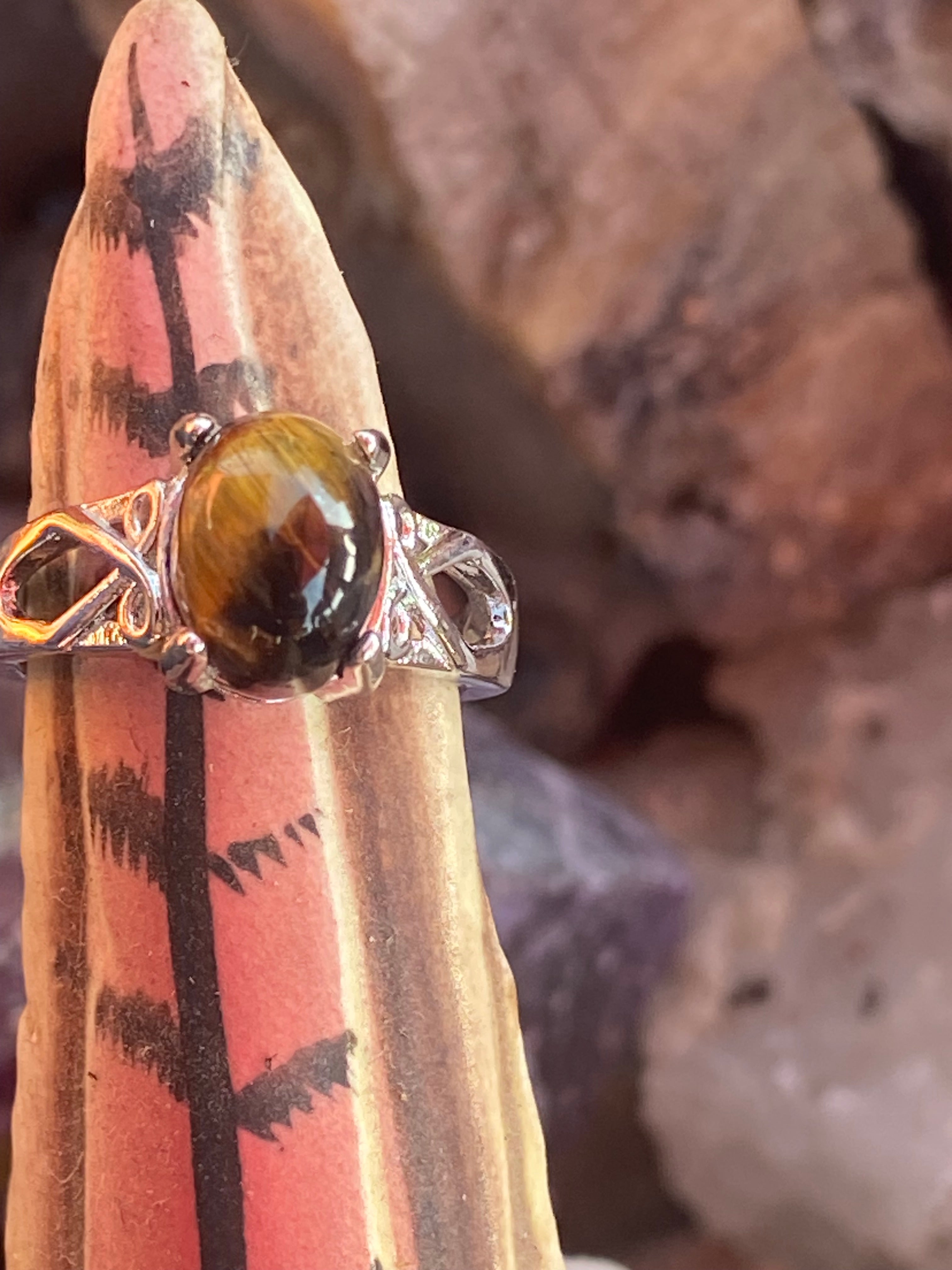Natural Tiger Eye Ring on Silver Plated Band gemstone ring, handcrafted jewelry featuring polished stone set in a decorative silver band