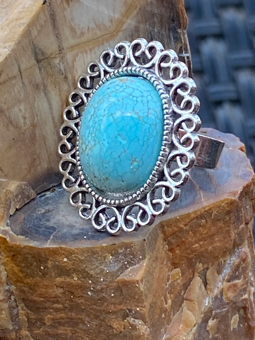 Natural Arizona Turquoise Silver-Plated Ring gemstone ring, handcrafted jewelry featuring polished stone set in a decorative silver band