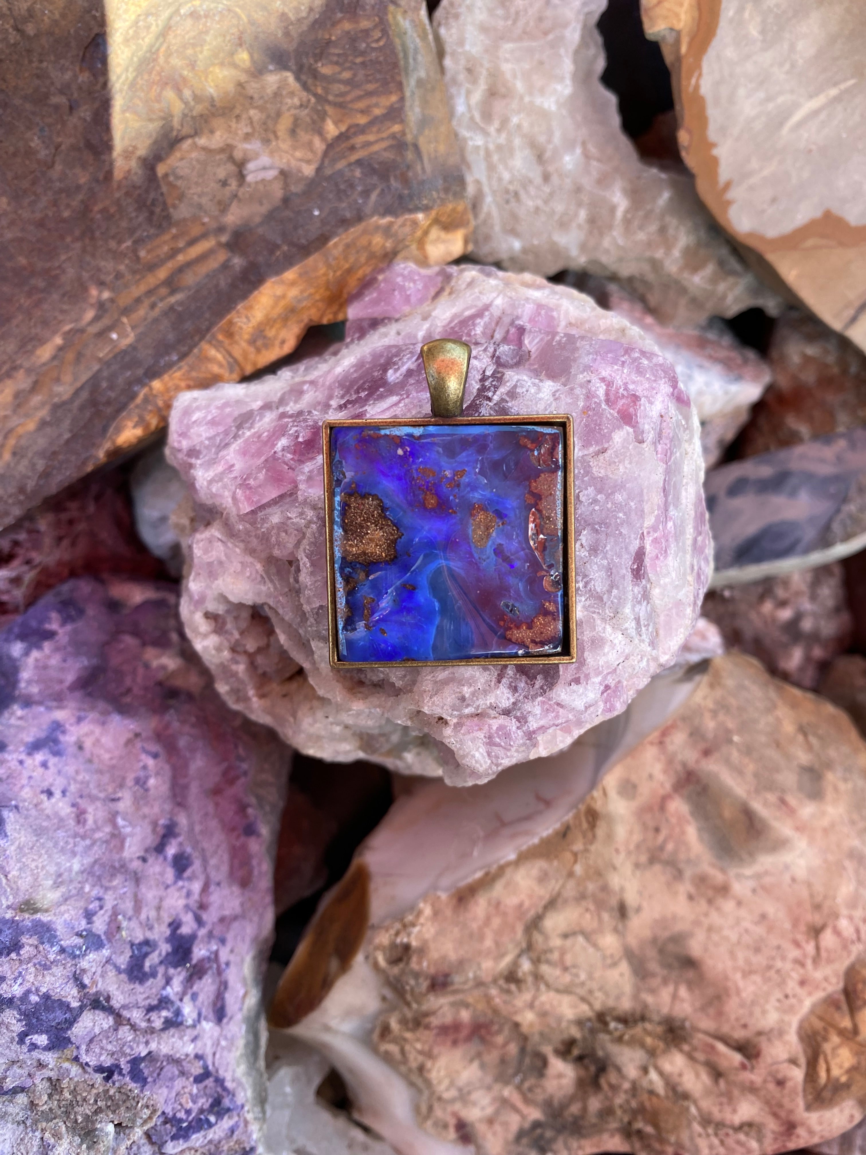 Natural Australian Boulder Opal Pendant in Brass Setting gemstone pendant, handcrafted jewelry featuring polished stone with unique color and mineral patterns