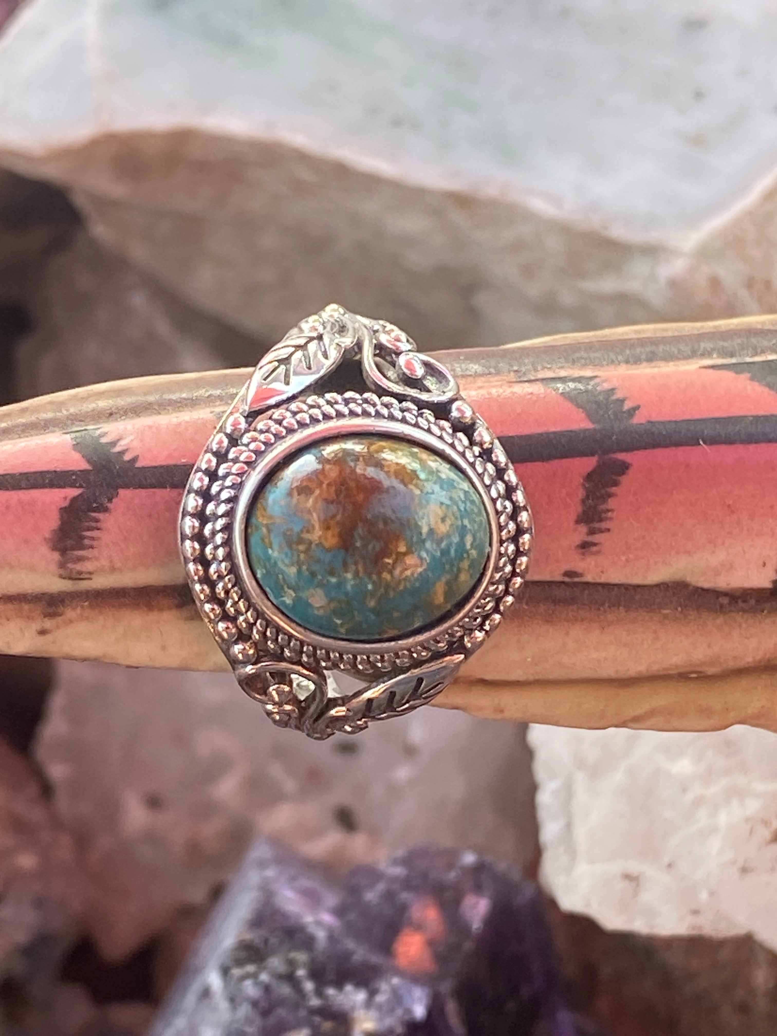 Natural Royston Turquoise Ring with Dragon Motif in Sterling Silver gemstone ring, handcrafted jewelry featuring polished stone set in a decorative silver band