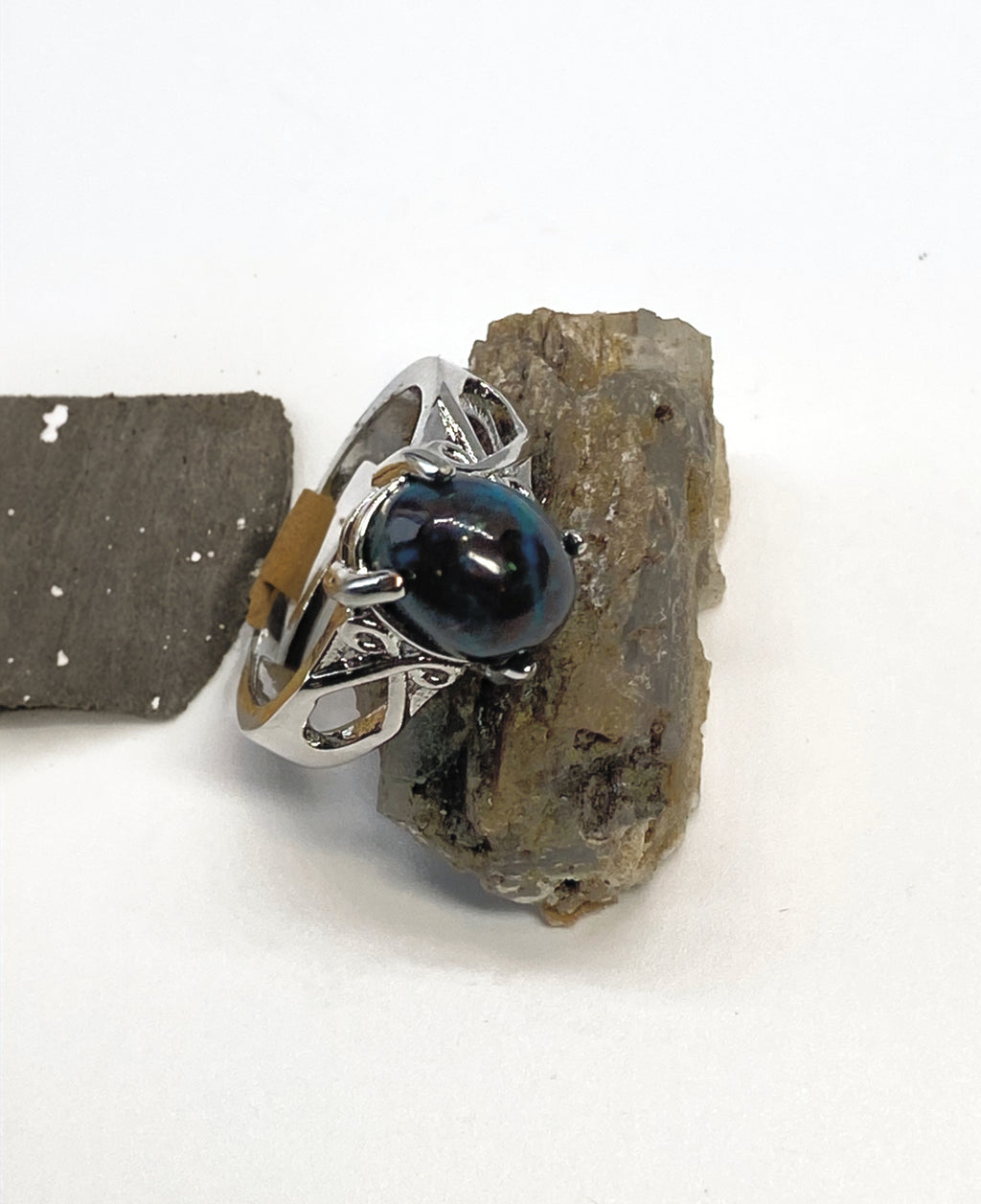 Natural Chrysocolla Ring on Silver Plated Band gemstone ring, handcrafted jewelry featuring polished stone set in a decorative silver band