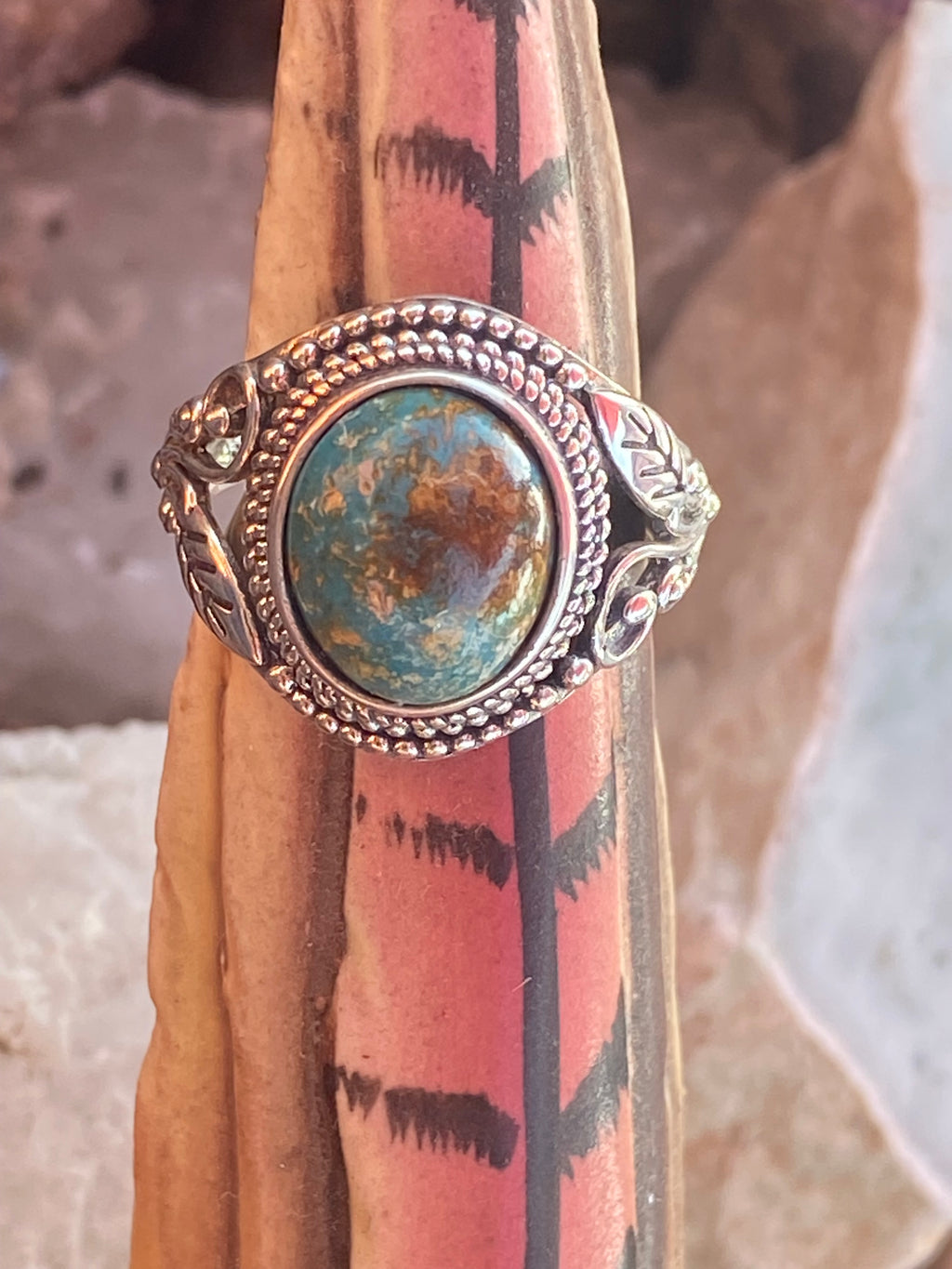 Natural Royston Turquoise Ring with Dragon Motif in Sterling Silver gemstone ring, handcrafted jewelry featuring polished stone set in a decorative silver band