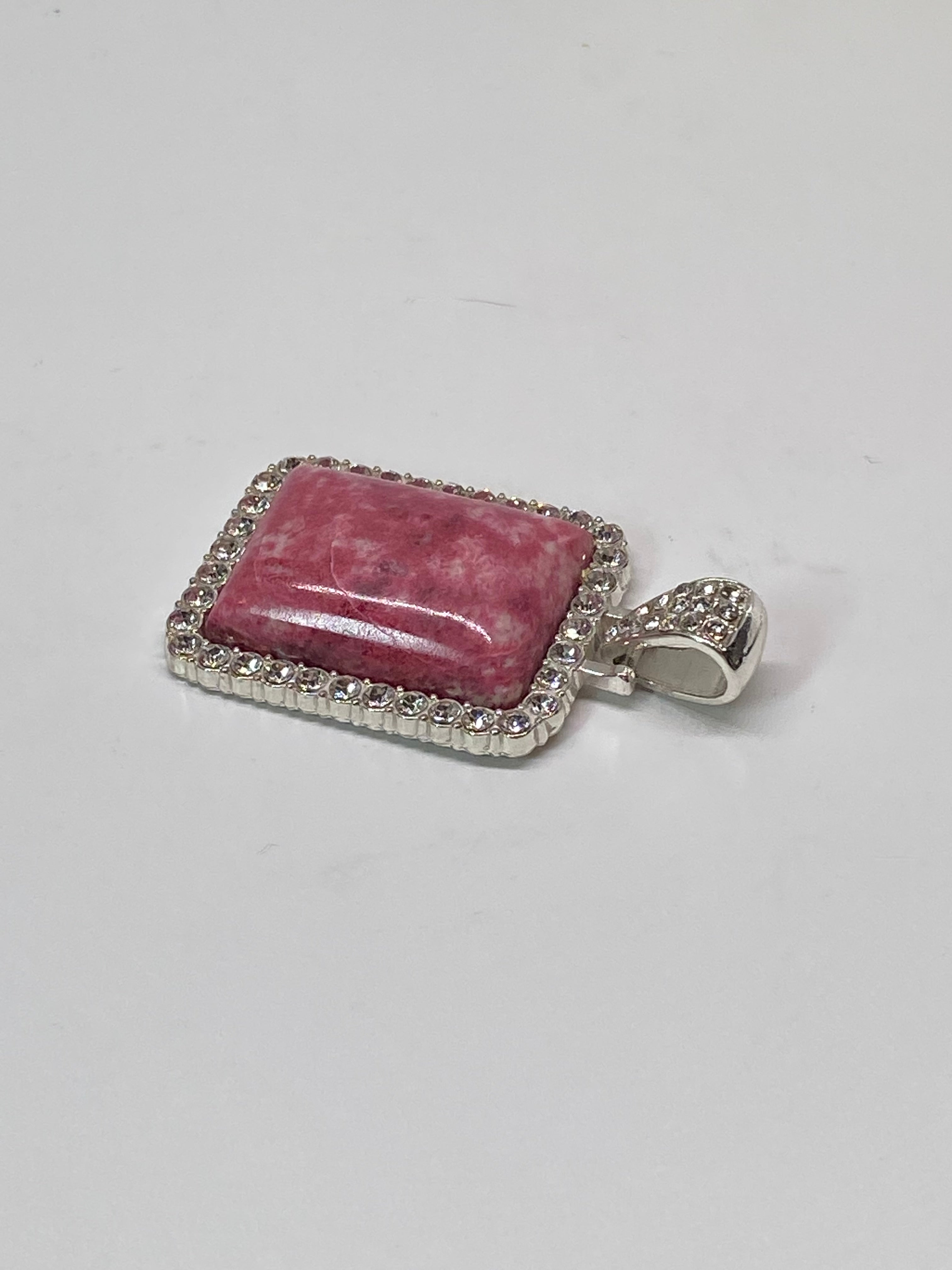 Natural Thulite Pendant with Crystal Border on Silver-Plated Setting gemstone pendant, handcrafted jewelry featuring polished stone with unique color and mineral patterns
