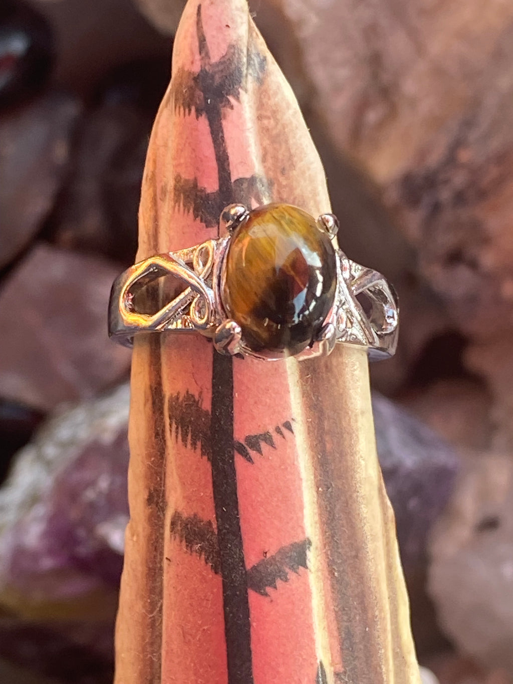 Natural Tiger Eye Ring on Silver Plated Band gemstone ring, handcrafted jewelry featuring polished stone set in a decorative silver band