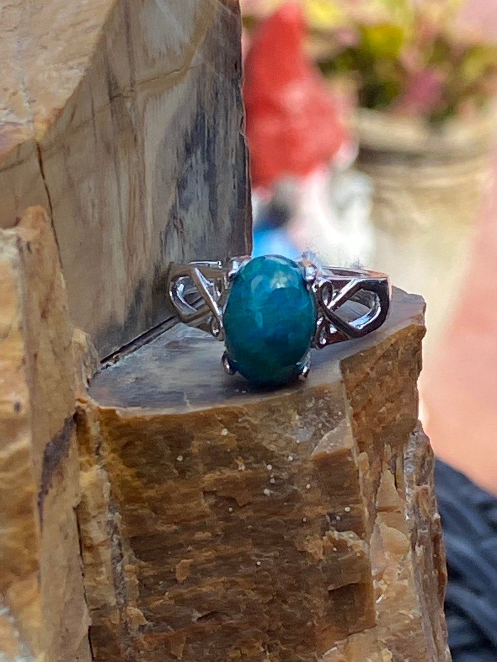 Natural Chrysocolla on Silver-Plated Ring gemstone ring, handcrafted jewelry featuring polished stone set in a decorative silver band