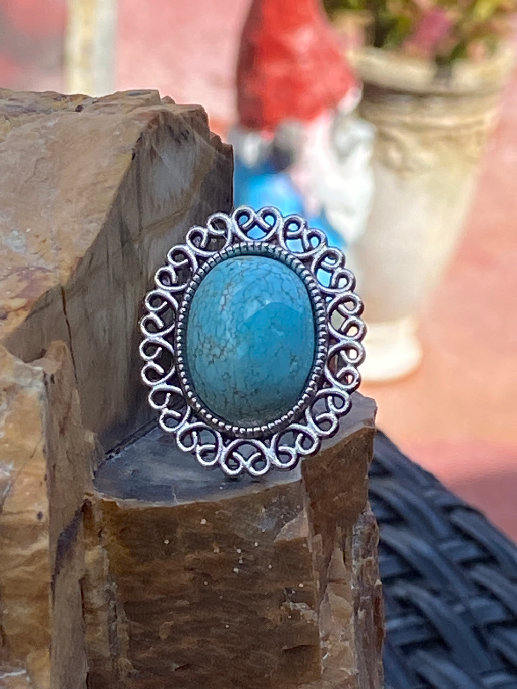 Natural Arizona Turquoise Silver-Plated Ring gemstone ring, handcrafted jewelry featuring polished stone set in a decorative silver band