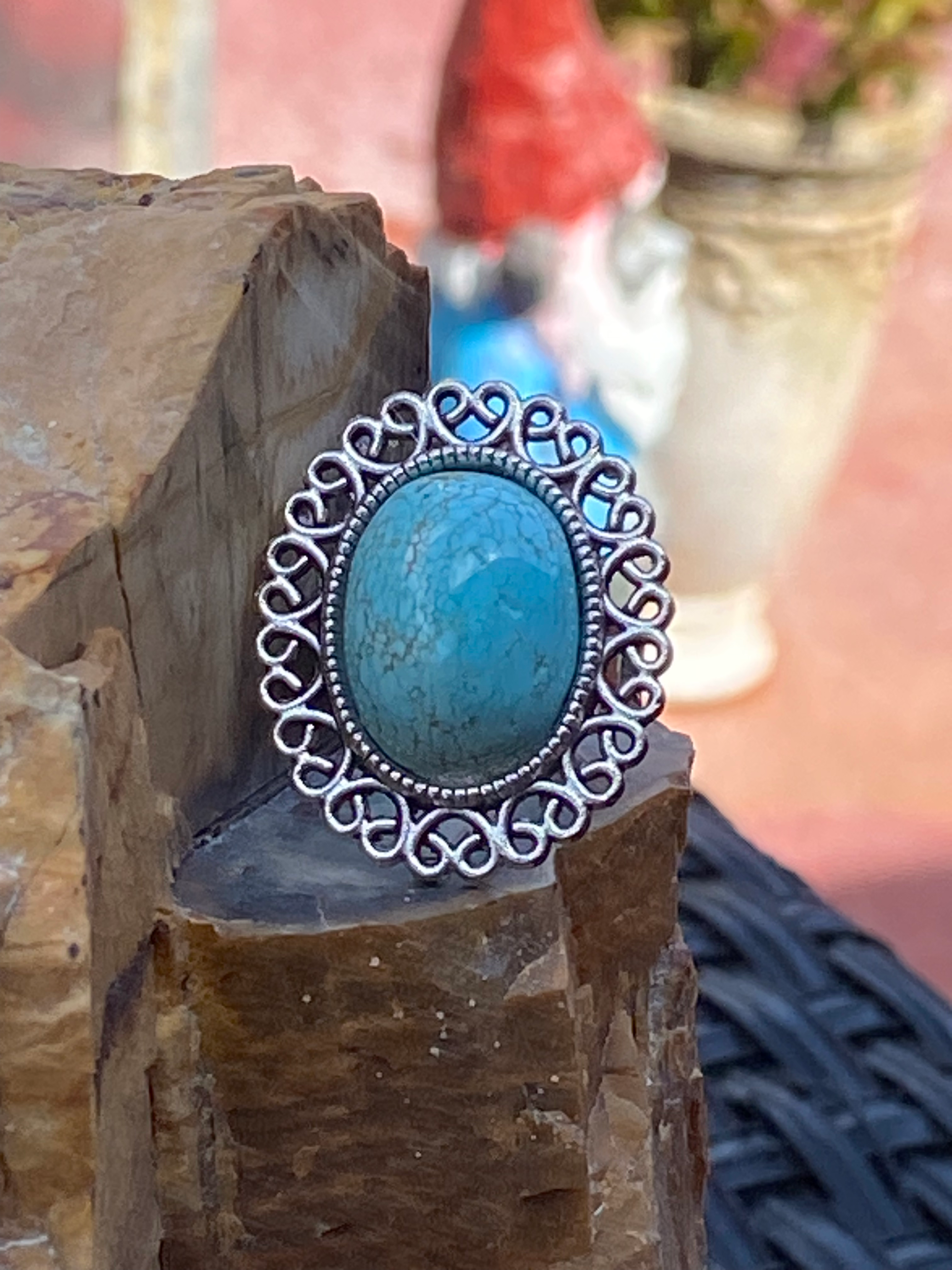 Natural Arizona Turquoise Silver-Plated Ring gemstone ring, handcrafted jewelry featuring polished stone set in a decorative silver band