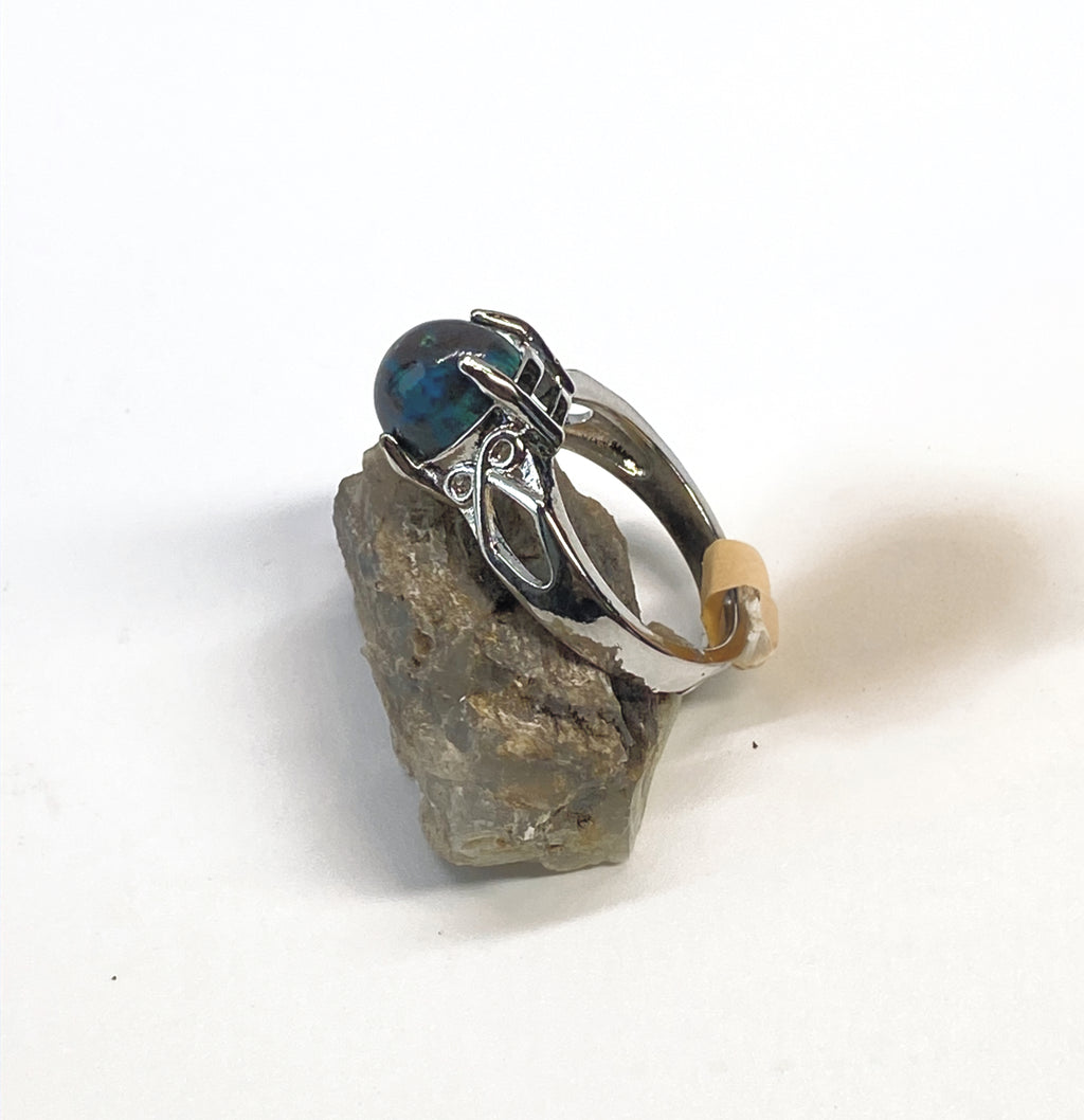 Natural Chrysocolla Ring on Silver Plated Band gemstone ring, handcrafted jewelry featuring polished stone set in a decorative silver band