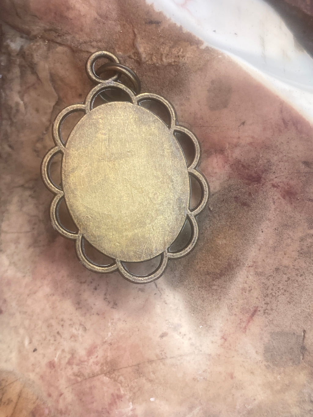 Natural Leopard Skin Jasper Pendant in Ornate Brass Frame gemstone pendant, handcrafted jewelry featuring polished stone with unique color and mineral patterns