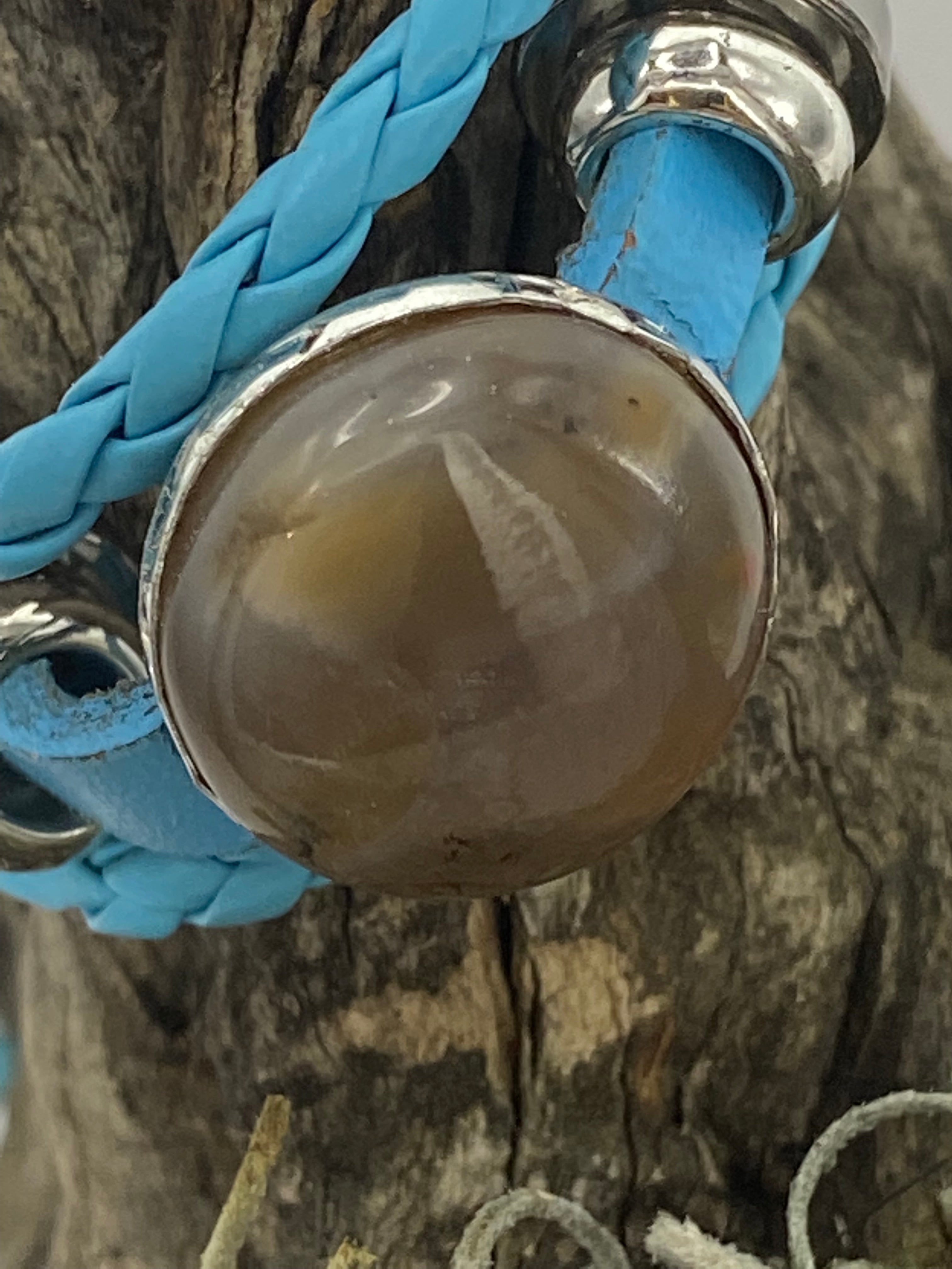 Natural Agate Leather Blue Bracelet gemstone jewelry featuring polished stone with distinctive color, pattern, and handcrafted craftsmanship
