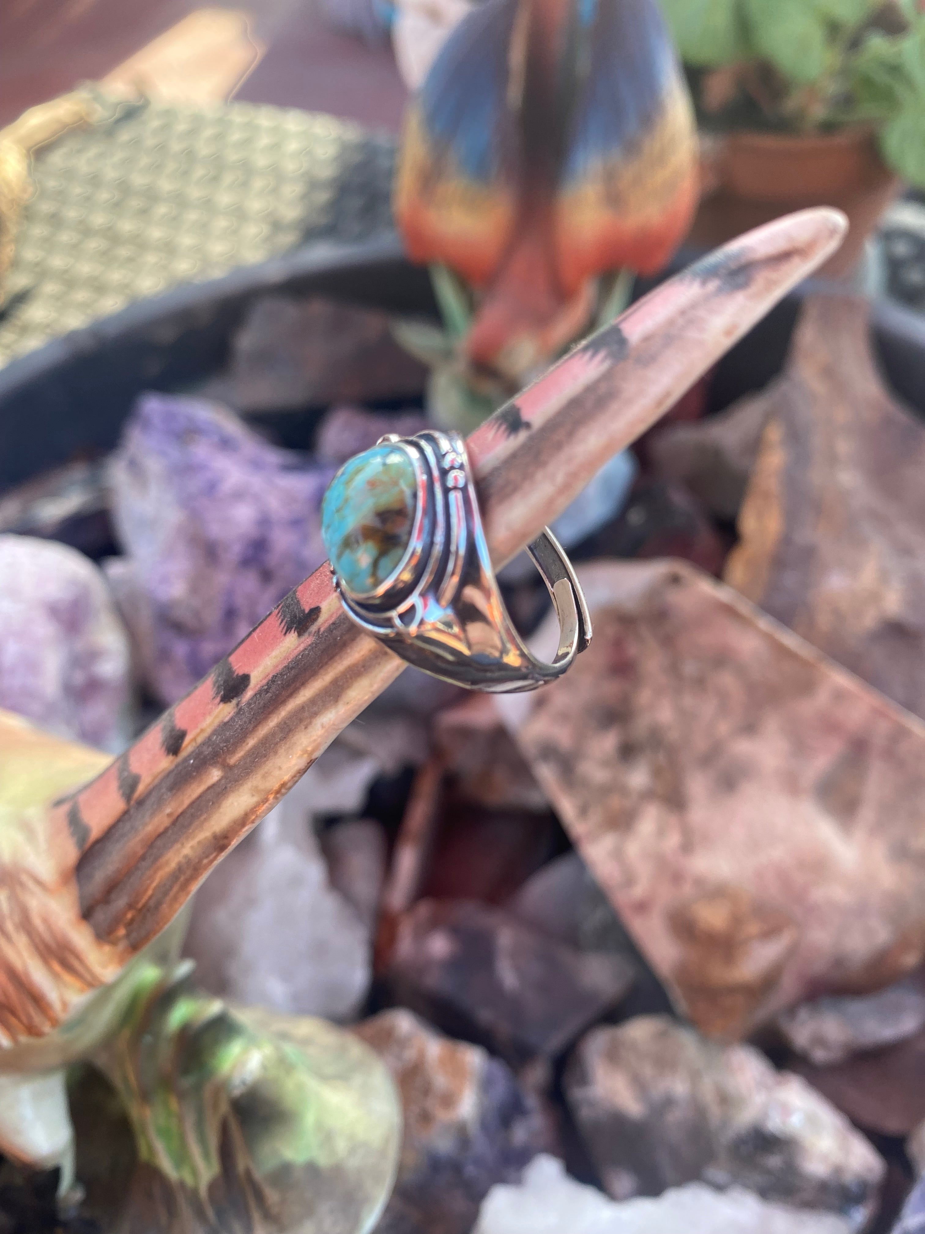 Natural Oval Arizona Turquoise Ring with Textured Sterling Silver Band gemstone ring, handcrafted jewelry featuring polished stone set in a decorative silver band