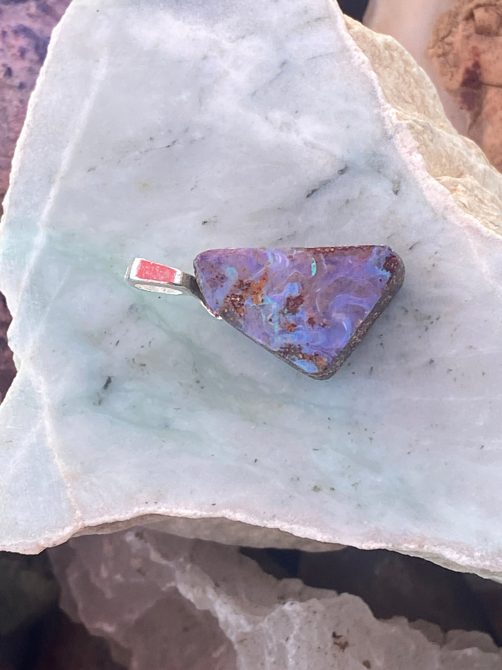 Natural Triangular Boulder Opal Pendant gemstone pendant, handcrafted jewelry featuring polished stone with unique color and mineral patterns