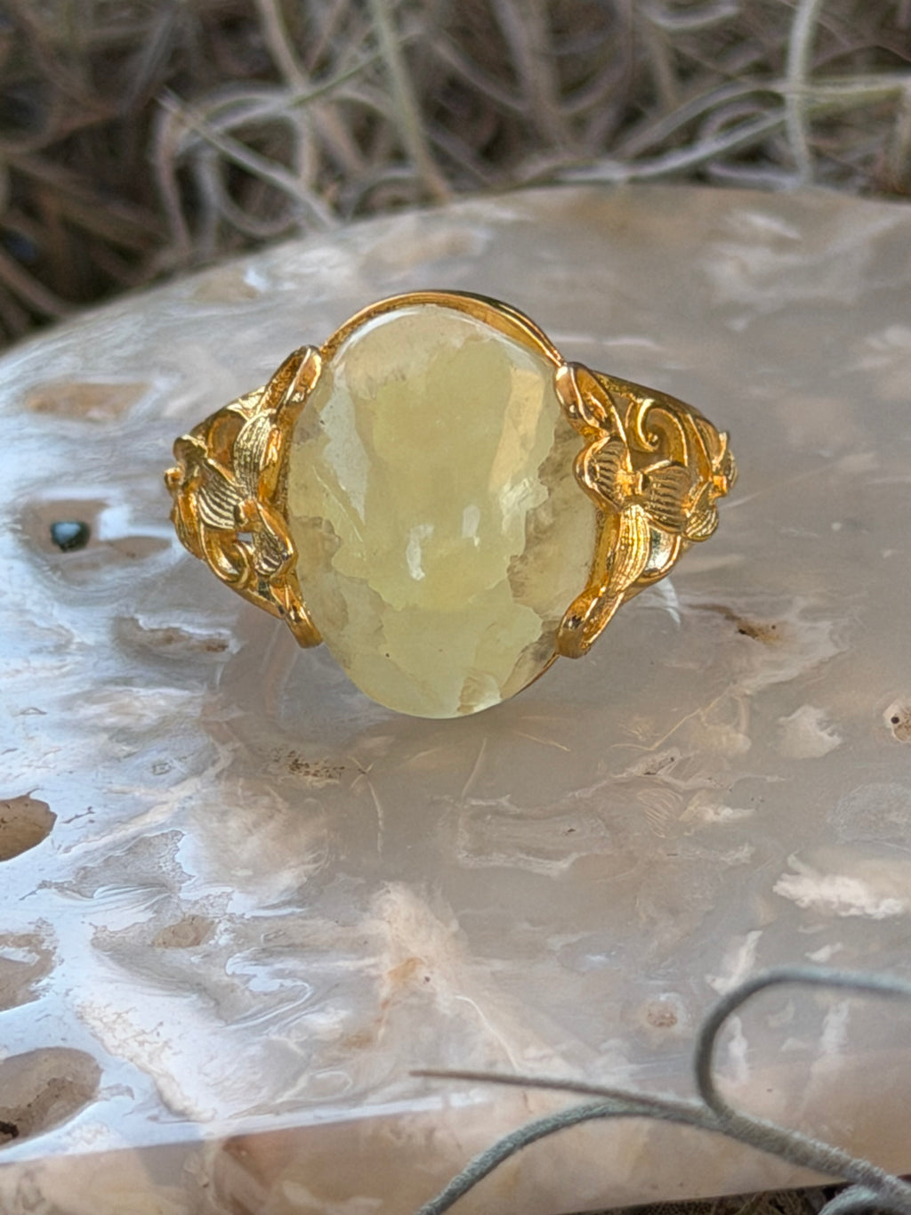 Natural Yellow Serpentine Floral Gemstone Ring