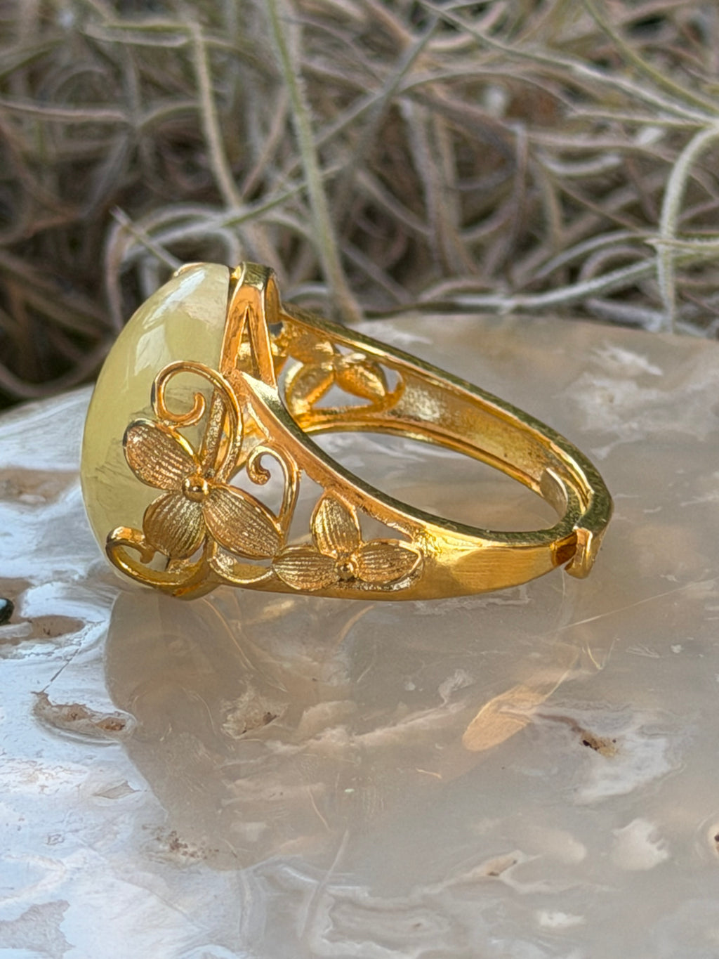 Natural Yellow Serpentine Floral Gemstone Ring