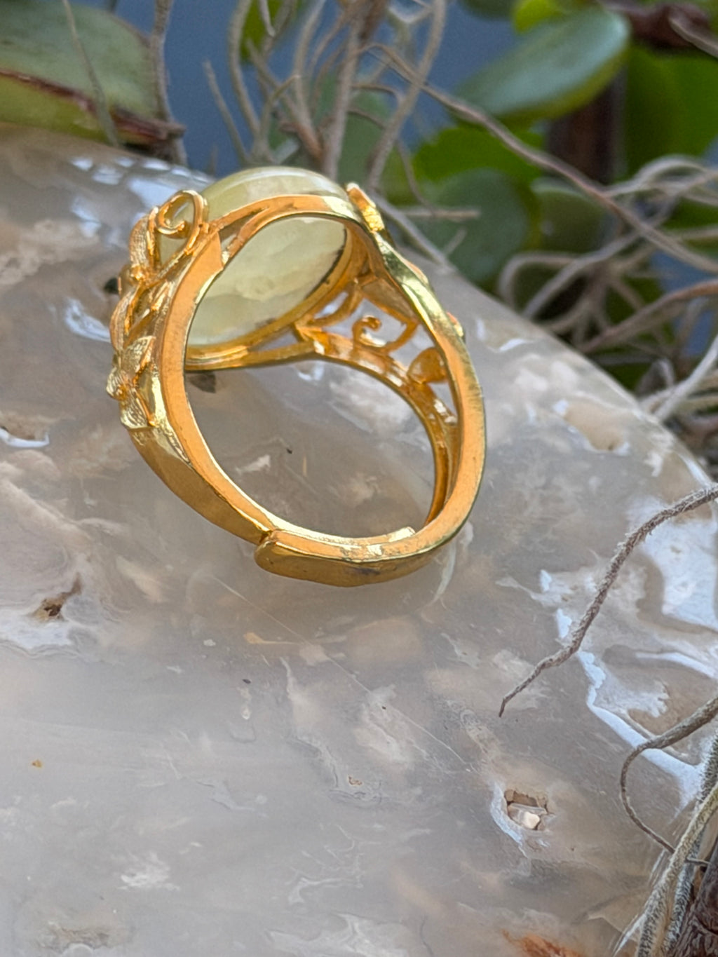 Natural Yellow Serpentine Floral Gemstone Ring